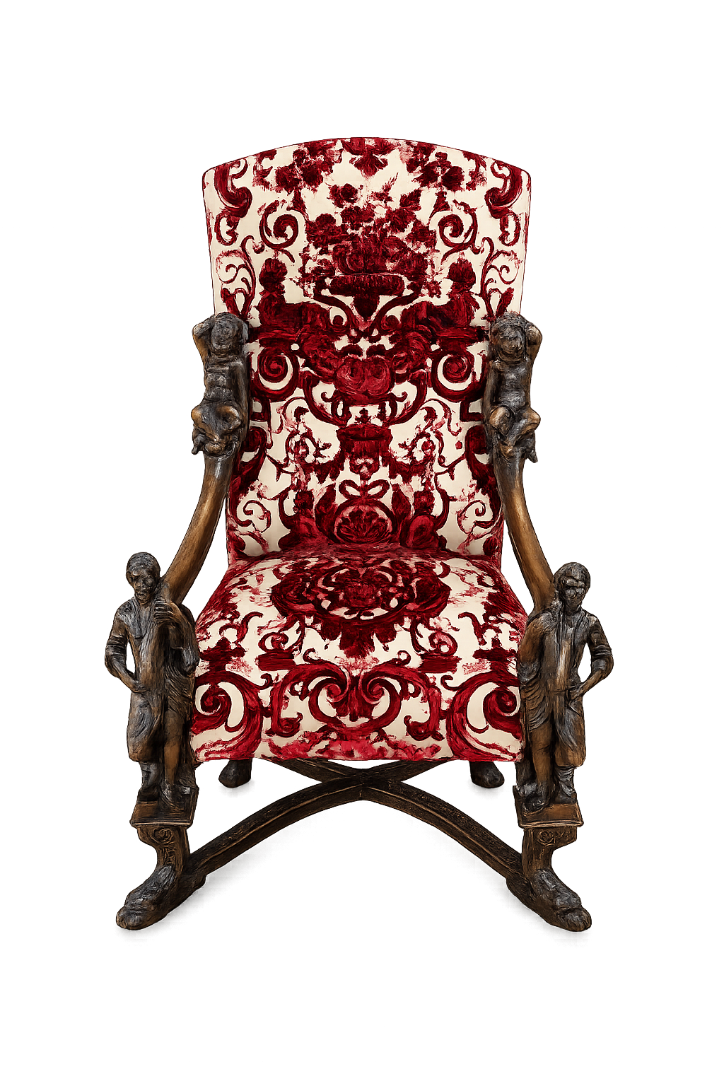 Restaurierung eines barocken Armlehnstuhls mit Figurenschnitzerei Restaurierter barocker Armlehnstuhl mit geschnitzten Putten als Armlehnen und rot-weißem Damastbezug